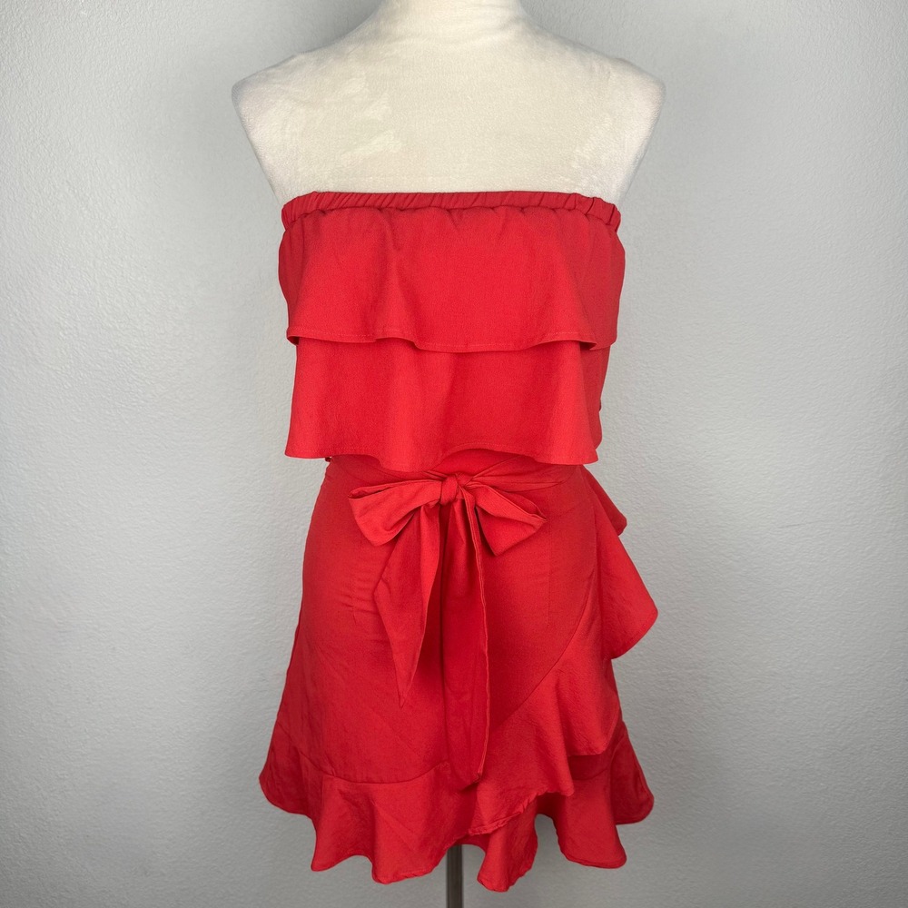 Runaway The Label While It's Hot Red Strapless Ruffle Tiered Babydoll Mini Dress